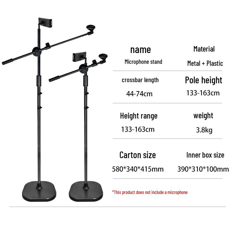 Adjustable Floor Microphone Stand with Retractable Boom Arm for Live Streaming, Singing, and Stage Use