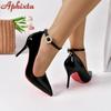 Fashion Aphixta Crystals Pearl Belt Round Buckle 3.94 Inch Stiletto Heels Pumps Women Pimp Pointed Toe Shoes Super Big Size 51 52 53