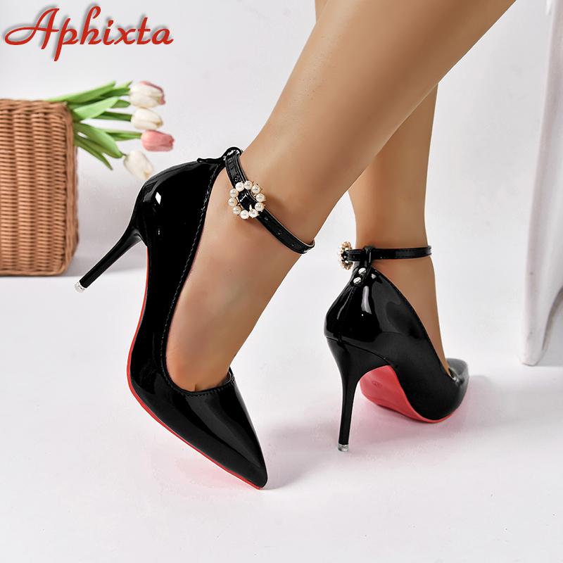 Fashion Aphixta Crystals Pearl Belt Round Buckle 3.94 Inch Stiletto Heels Pumps Women Pimp Pointed Toe Shoes Super Big Size 51 52 53