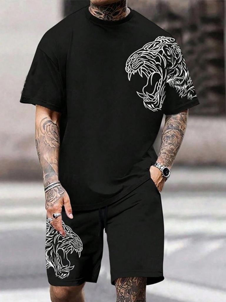 Sommer Neu Herren Kokospalme Farbverlauf Weich Atmungsaktiv Rundhals T-Shirt und Shorts Set Outdoor Urban Freizeit Zweiteiliges Set