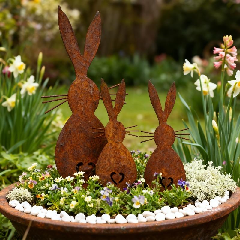 3 Stück rustikale Metall-Hasen-Gartenspieße Verwitterte Silhouette Hofkunst Dekorative Außenornamente für Rasen und Blumenbeete