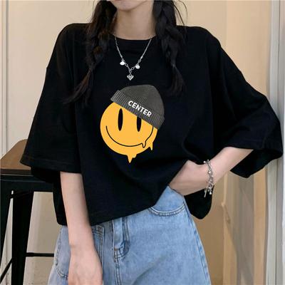 Summer Cotton Fashion Short Sleeved T-shirt Women's Black Lazy Style Small Loose Short Top