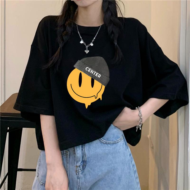 

Летняя хлопковая модная футболка с коротким рукавом женская черная в стиле кэжуал маленькая свободная короткая майка M