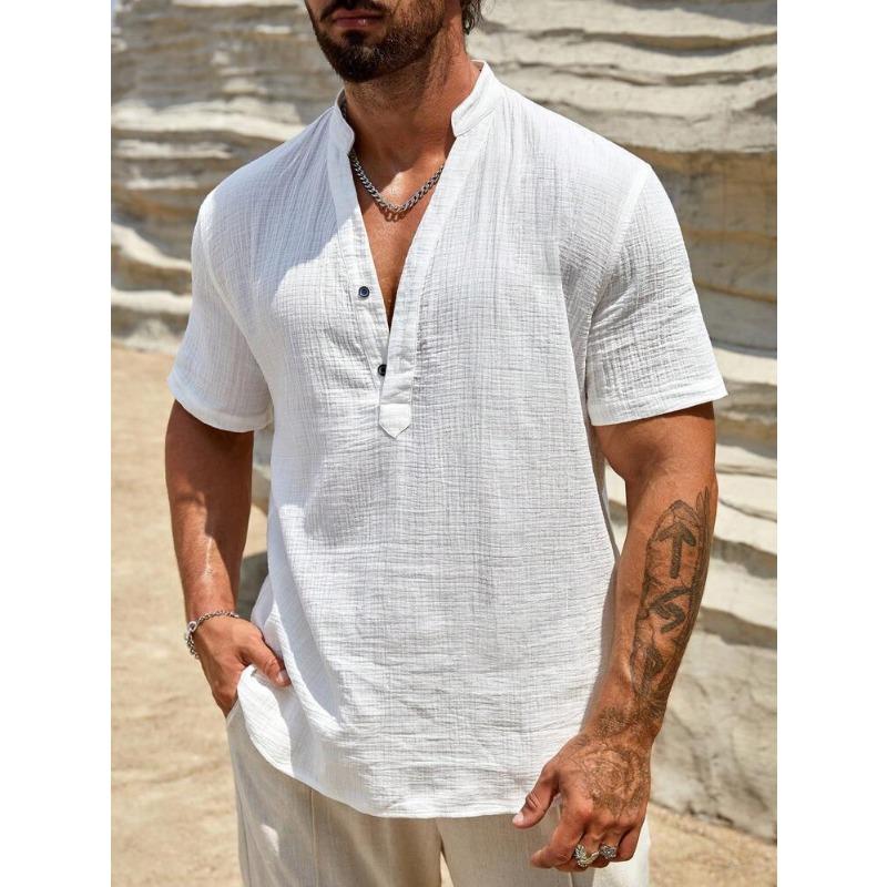 Mens Casual Solid Color Textured Stand Collar Short Sleeve Henley Shirt S