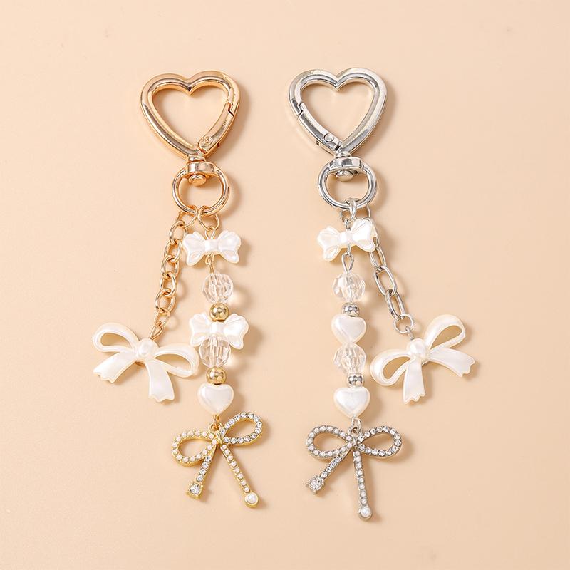 Cute Bowknot Love Heart Keychain Crystal Pearl Key Ring Pendants For Women Girls Handbag Decor Diy Handmade Key Chain Gifts