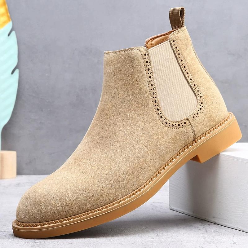 

Italian Gray Genuine Leather Men Boots Business Winter Slip on British High Boot Mens Cowhide Pointy Boots Suede Chelsea Boots 38