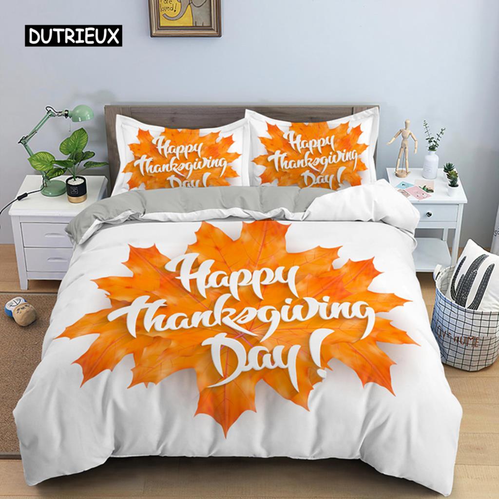 Autumn Thanksgiving Day Duvet Cover King Queen Cartoon Orange Pumpkin Turkey Bedding Set Maple Leaves Soft Polyester Quilt Cover