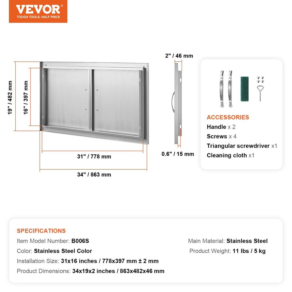 BBQ Access Door, 863x482 Mm Double Outdoor Kitchen Door, Stainless Steel Flush Mount Door, Wall Vertical Door with Handles, for BBQ Island, Grilling
