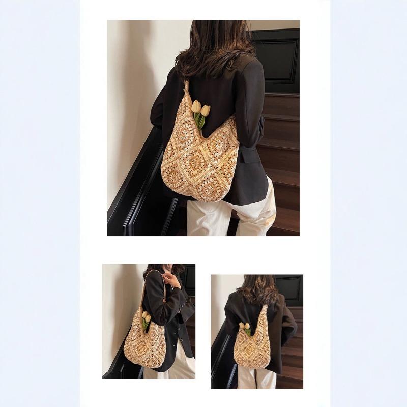 Handmade Cotton Crochet Hollowed Sunflower Flower Crochet Shoulder Women's Bag Straw Armpit Bag