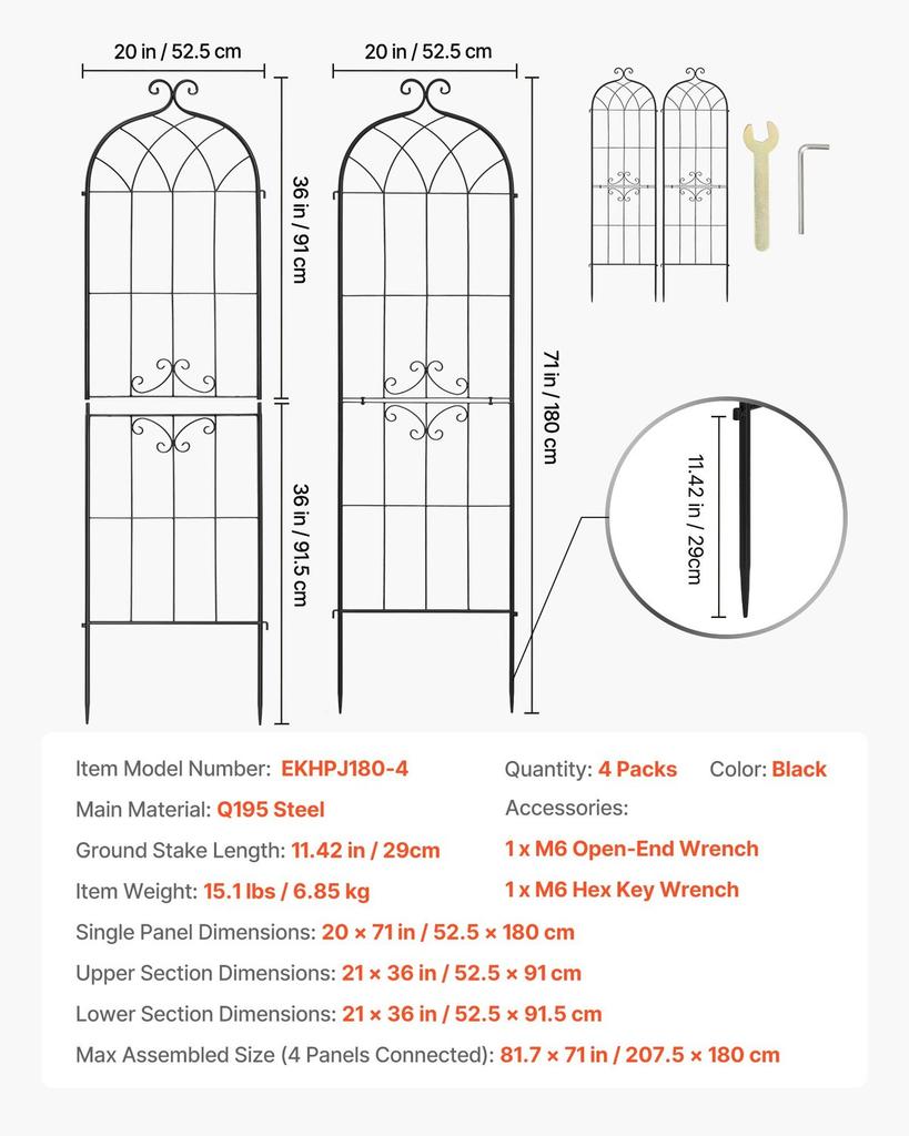 Garden Trellis, 180 x 52.5 cm Rose Trellis, 4 Packs Garden Flower Rose Trellises with Powder-Coated Finish & Convenient Locking Design, Plant Support
