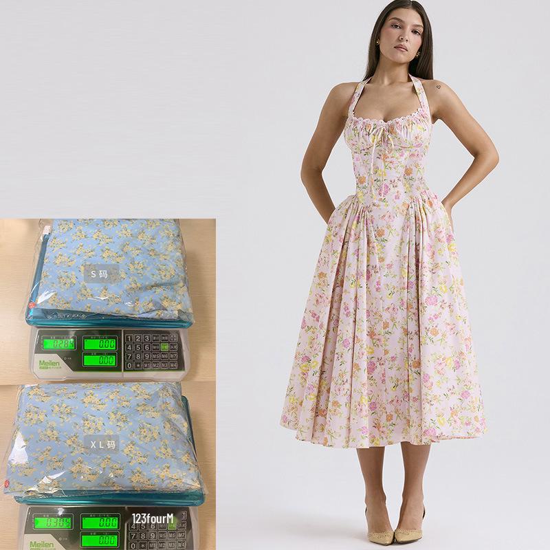 2025 European & American Style Summer Slim Spaghetti Strap Printed Halter Lace Dress