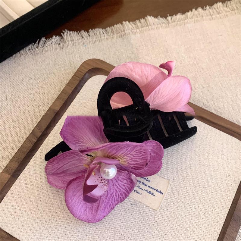 Early Spring New Fresh Silk Butterfly Orchid Pearl Flower Grab Clip Large Back Of Head Shark Girl Hair Accessories