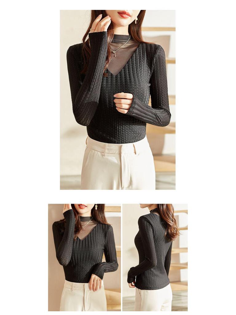 2023 Women's Autumn Long-Sleeve Lace Mesh Top with Half-High Collar