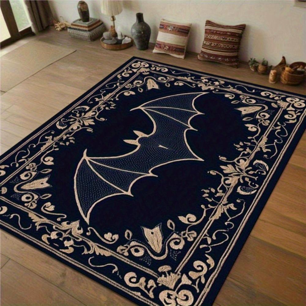 1pc Large Halloween Bat Area Mat Mat - Gothic Navy Blue & Golden floor mat with, Machine Washable Non-Slip Backing, Spooky Home