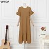 VONDA Summer Women O Neck Ruffled Short Sleeve Casual Pleated Maxi Dress Robes
