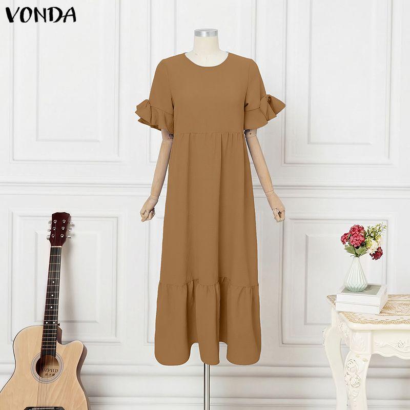 VONDA Summer Women O Neck Ruffled Short Sleeve Casual Pleated Maxi Dress Robes