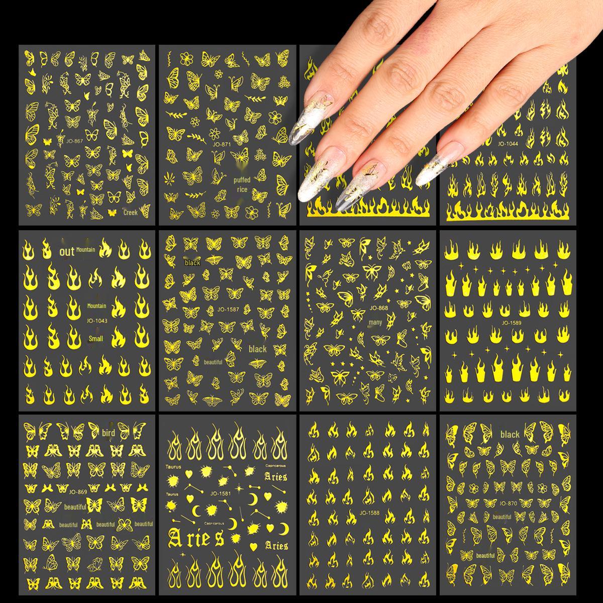

Flame Nail Stickers with Irregular Lines, Laser Starry Sky, Butterfly, and Rose Decals