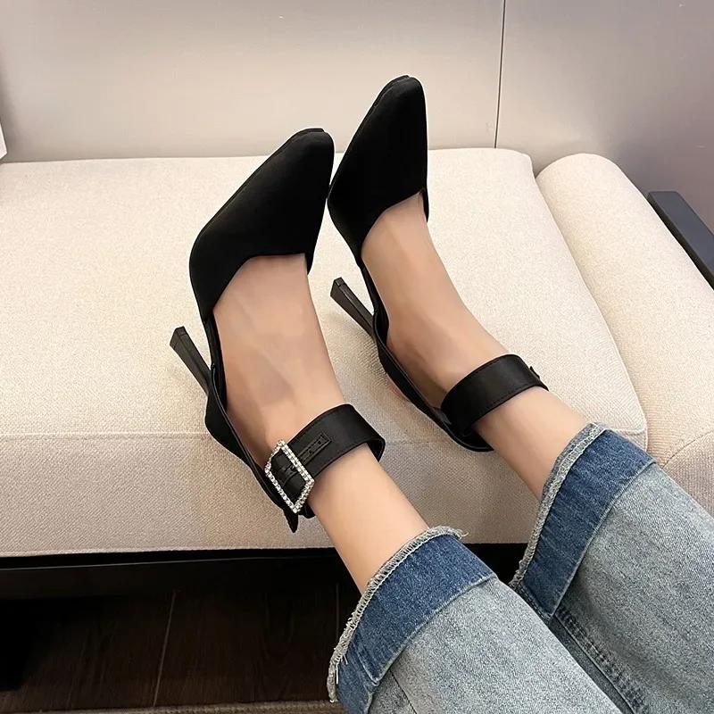 High Heels Sandals Women's Cross Silk Ribbon with Square Buckle Pointed Hollow Thin Heels Simple High Heels Women Shoes