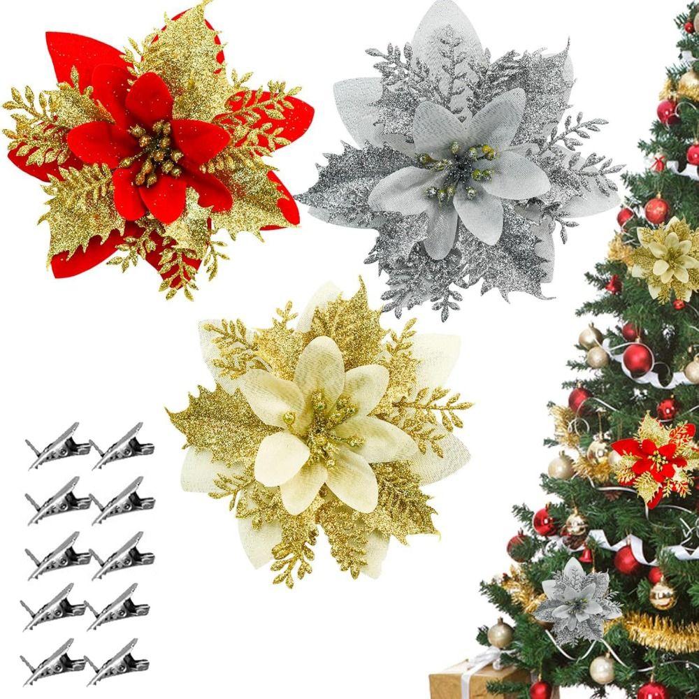 10Pcs with Clips Artificial Flowers for Christmas Tree Christmas Fake Flowers Pendant Home Decor