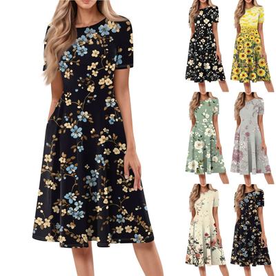 Lockeres, lässiges und modisches Damenkleid mit Rundhalsausschnitt, kurzen Ärmeln und Print in mittlerer Länge