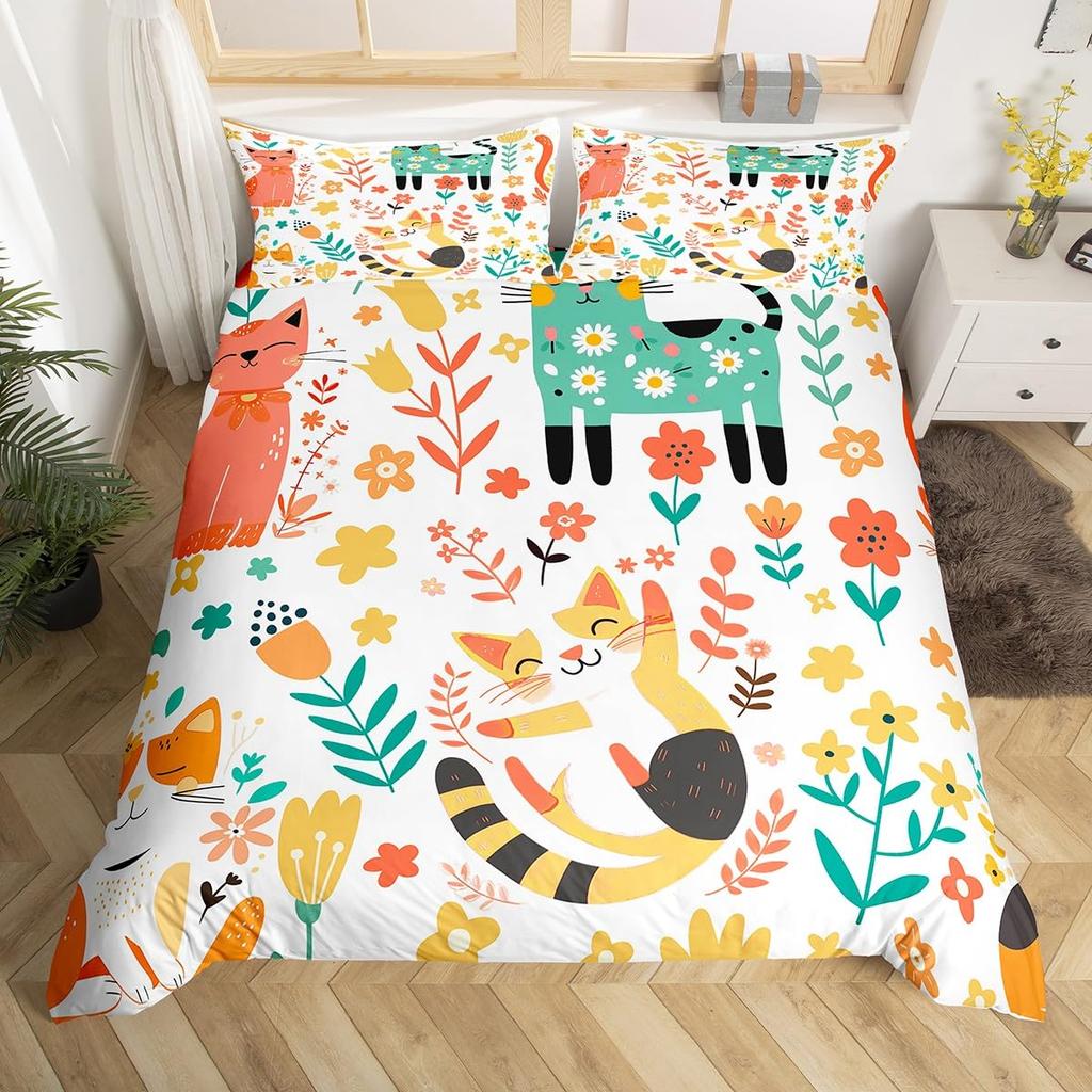 Girls Kawaii Cat Bedding Set Full Queen, Cute Kitten Comforter Cover Cartoon Duvet Cover Colorful Flowers Plant Bedspread Cover