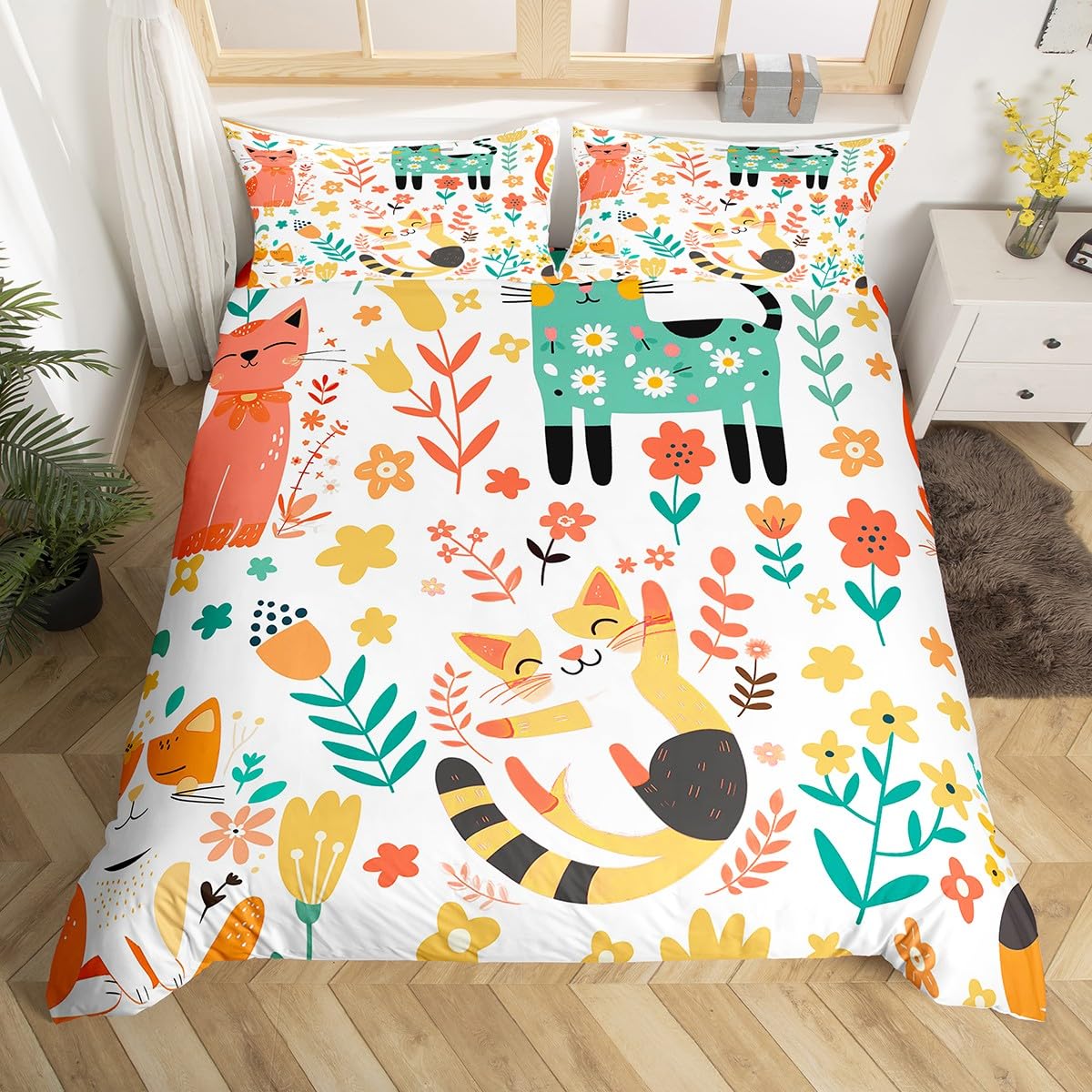 

Comforter Girls Kawaii Cat Bedding Set Full Queen Cute Kitten Comforter Cartoon Colorful Flowers Plant Comforter (quilt)-EU Single(135*200cm)3pcs
