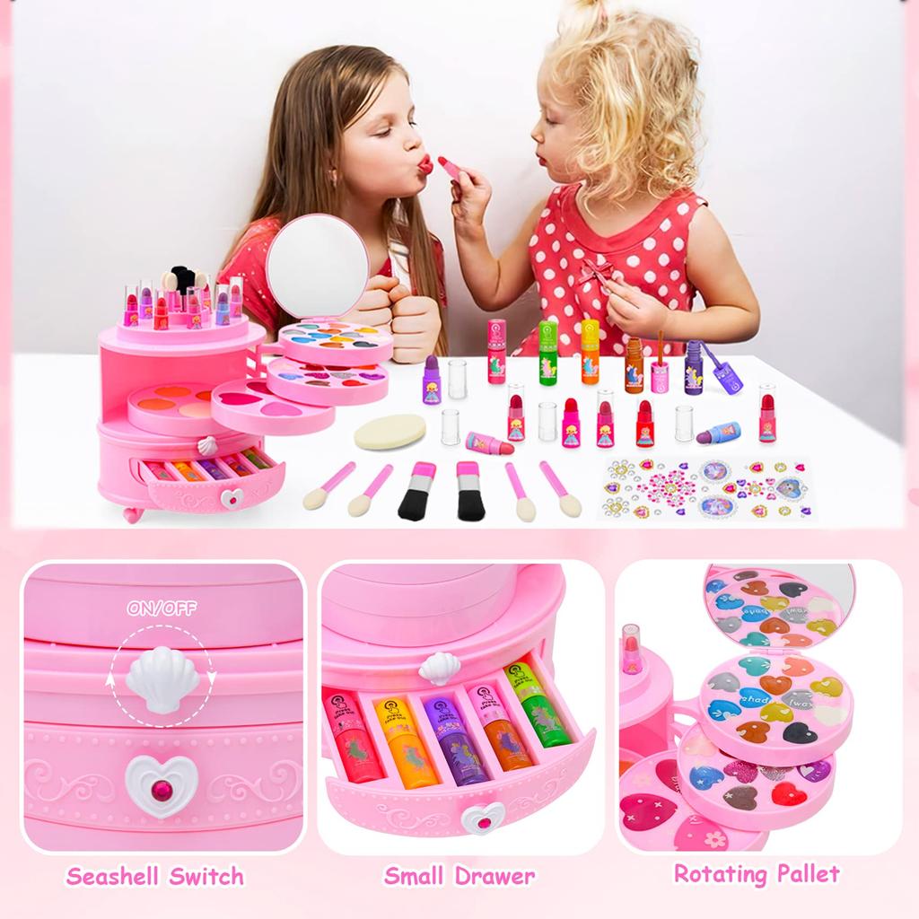 Bloranda 53-Piece Kids Washable Makeup Kit with Unicorn Vanity Case, Real Cosmetic Playset for Girls