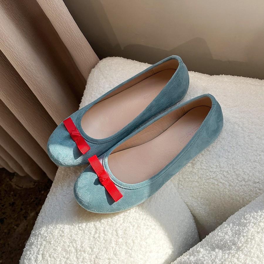 Sheepskin Version~ French Bow Round Head Ballet Shoes Women's Blue Flats Fairy Evening Breeze Light Mouth Single Shoes