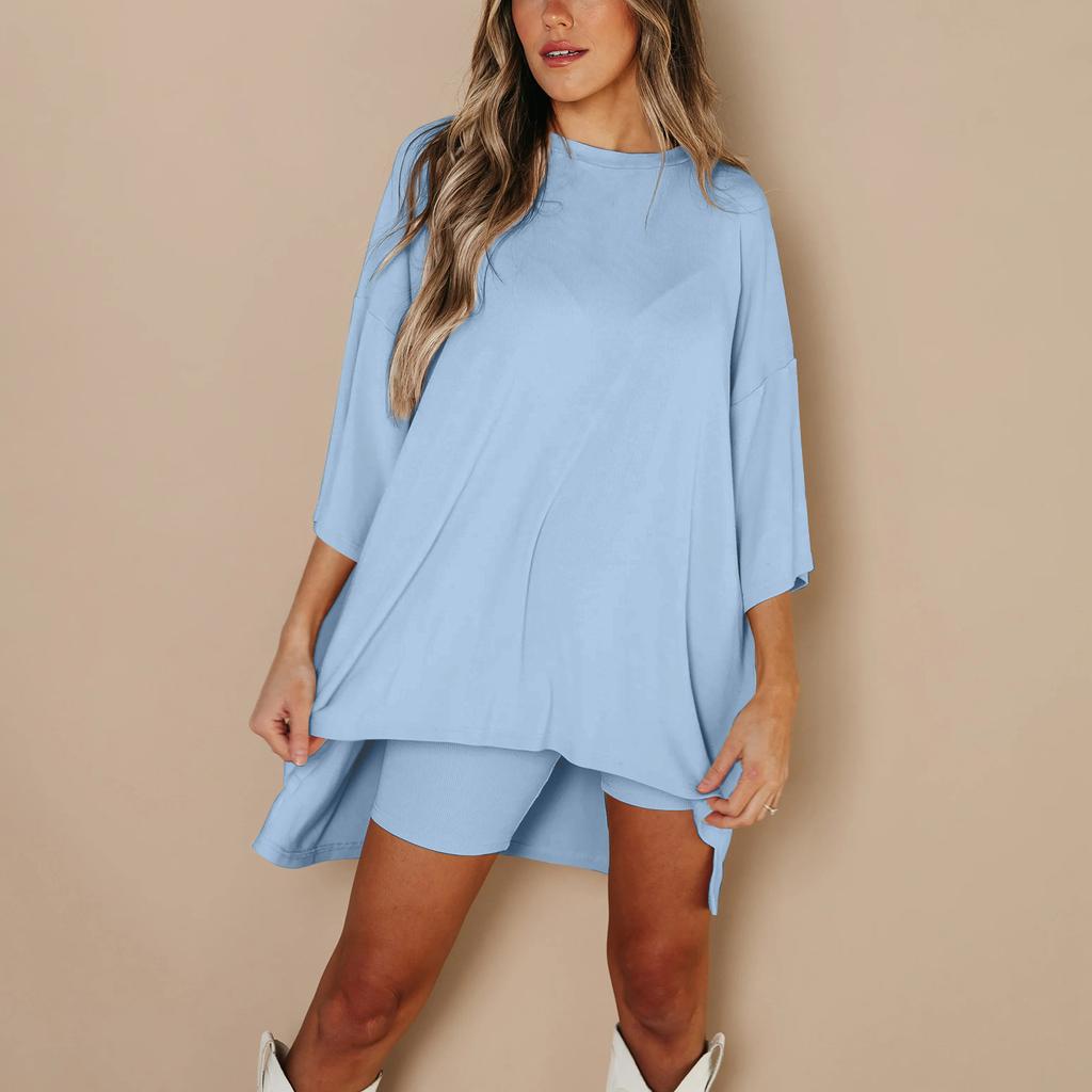 2-teiliges Set für den Sommer mit Rundhalsausschnitt, kurzen Ärmeln, überschnittener Schulter, Oberteil und Bar Skinny Yoga Biker Shorts für große Kinder