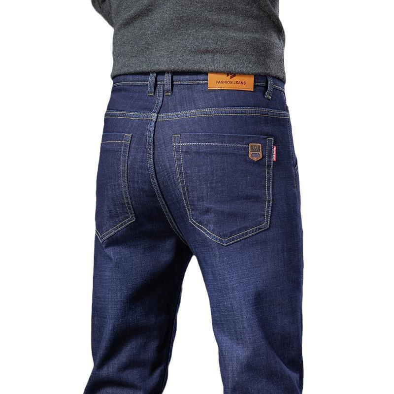 Men's Thick Velvet-Lined Stretch Denim Jeans, Loose Fit, Straight Leg, 2023 New Style, Autumn/Winter Warmth.