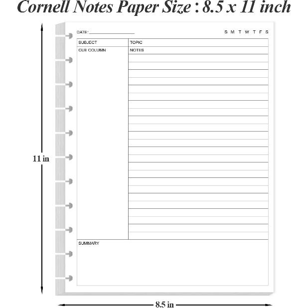 Letter Size Cornell Notes Filler Paper - 11 TUL Disc Cornell Notes Loose Leaf Paper, 50Sheets / 100Pages, 8.5'' x 11''