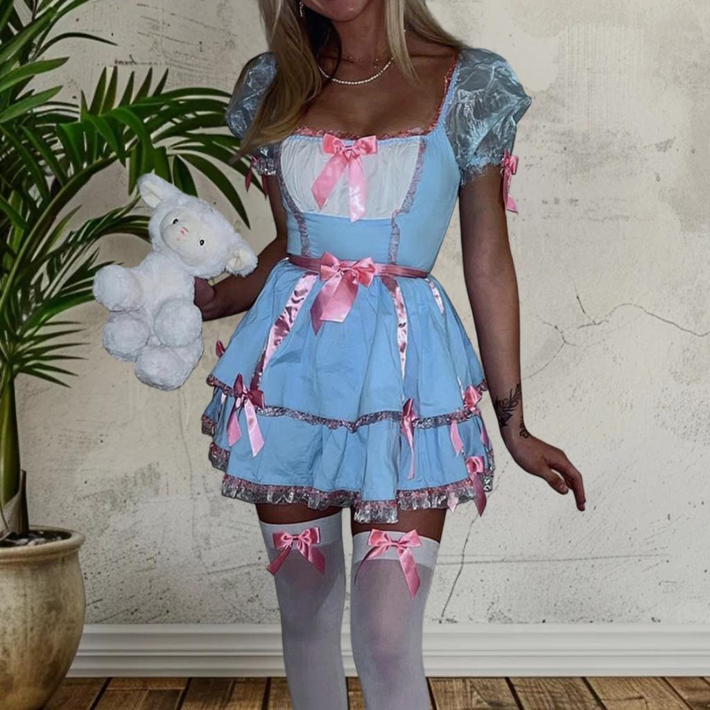 Womens Halloween Costume Dress Decorative Bow A Line Short Sleeve Cosplay Dress and Bow Tie Neck Collar 2 Pcs Set