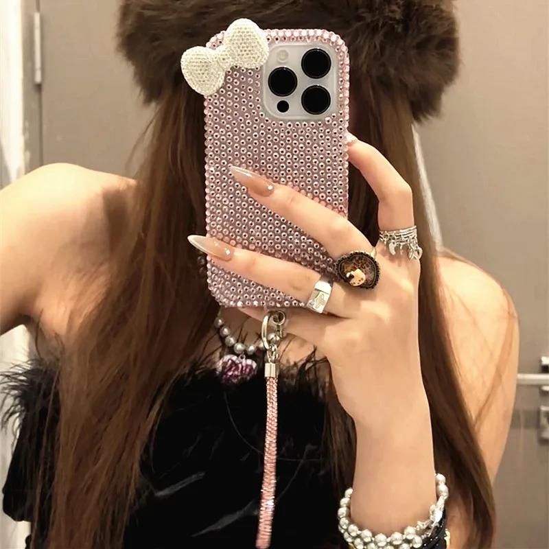 For IPhone 16 15 14 13 12 11 Pro Max 16 Plus Bow Phone Case Shiny Pink and Silver Bows Protective Jacket