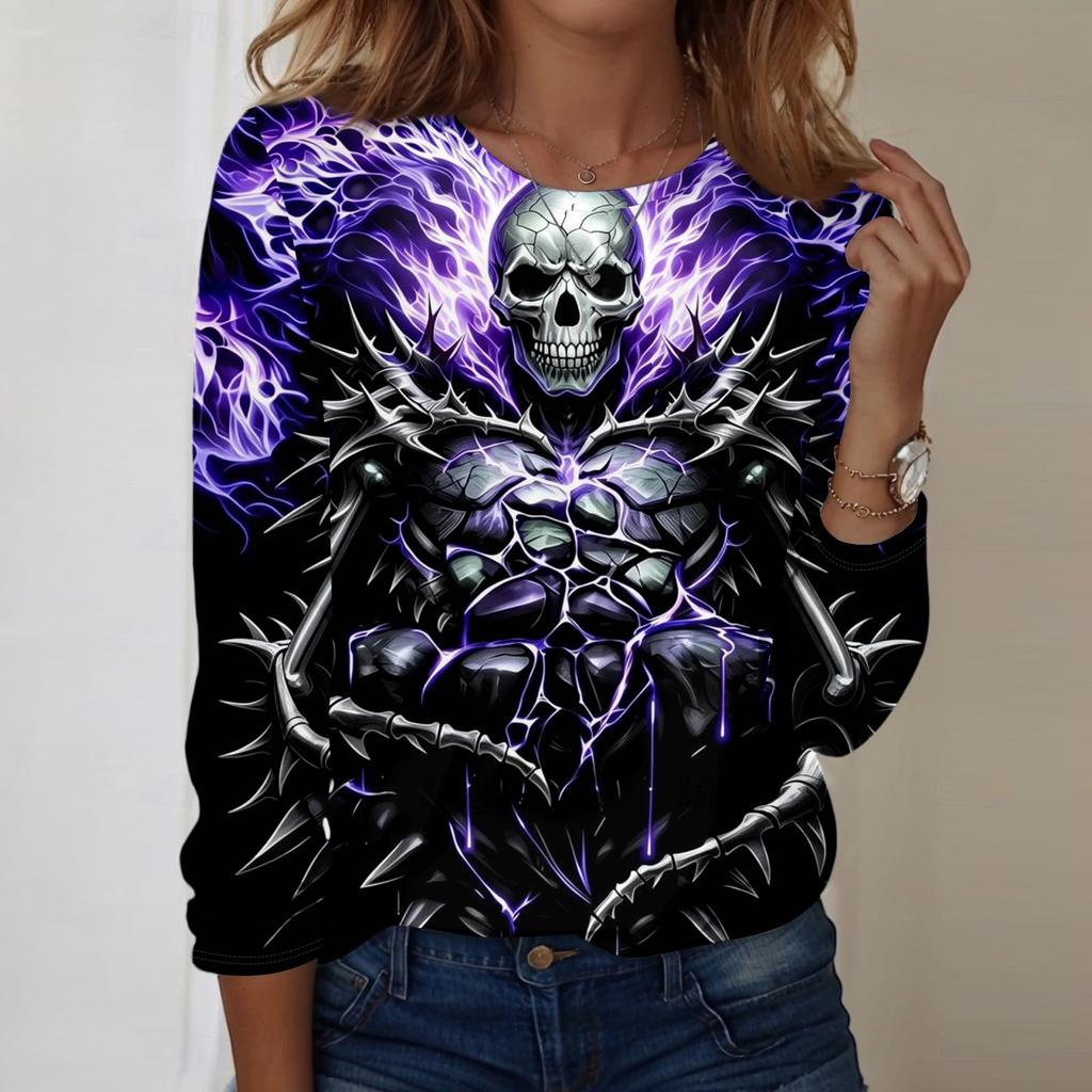 Women's Fashion Casual Long Sleeve Halloween Print Neck T-Shirt for Daily Wear