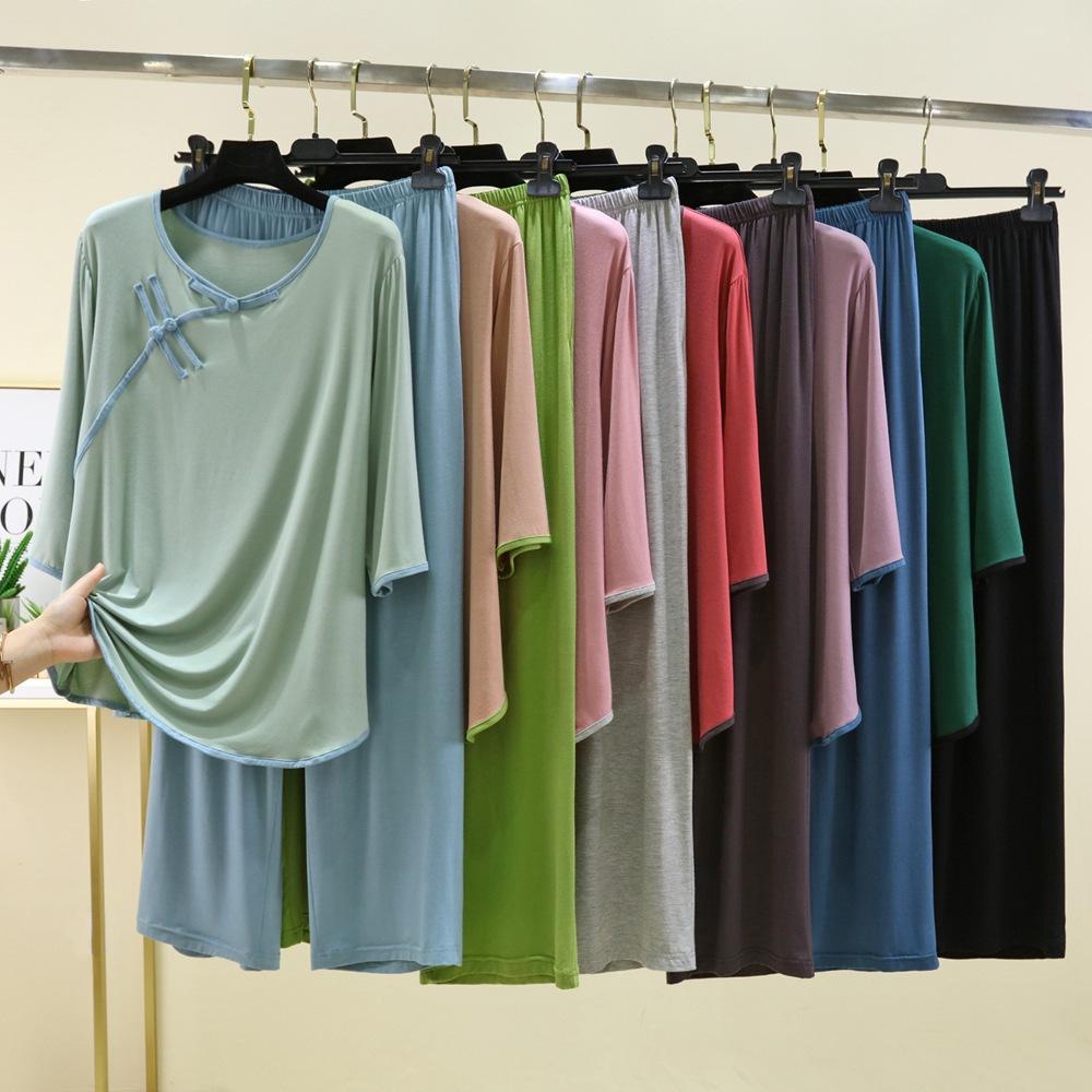 Pigiama con Fibbia Donna Primavera Estate Vestibilità Larga Taglie Forti Pantaloni Abbigliamento per la Casa Set Due Pezzi Capo Esterno