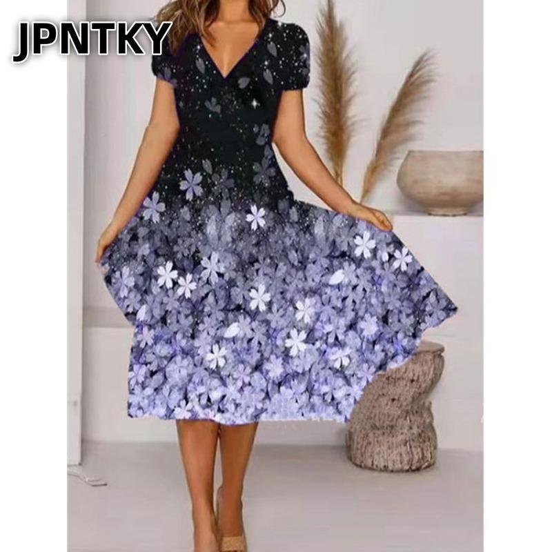 JPNTKY Fashion Summer Spring Short Sleeve V-Neck Casual Dresses
