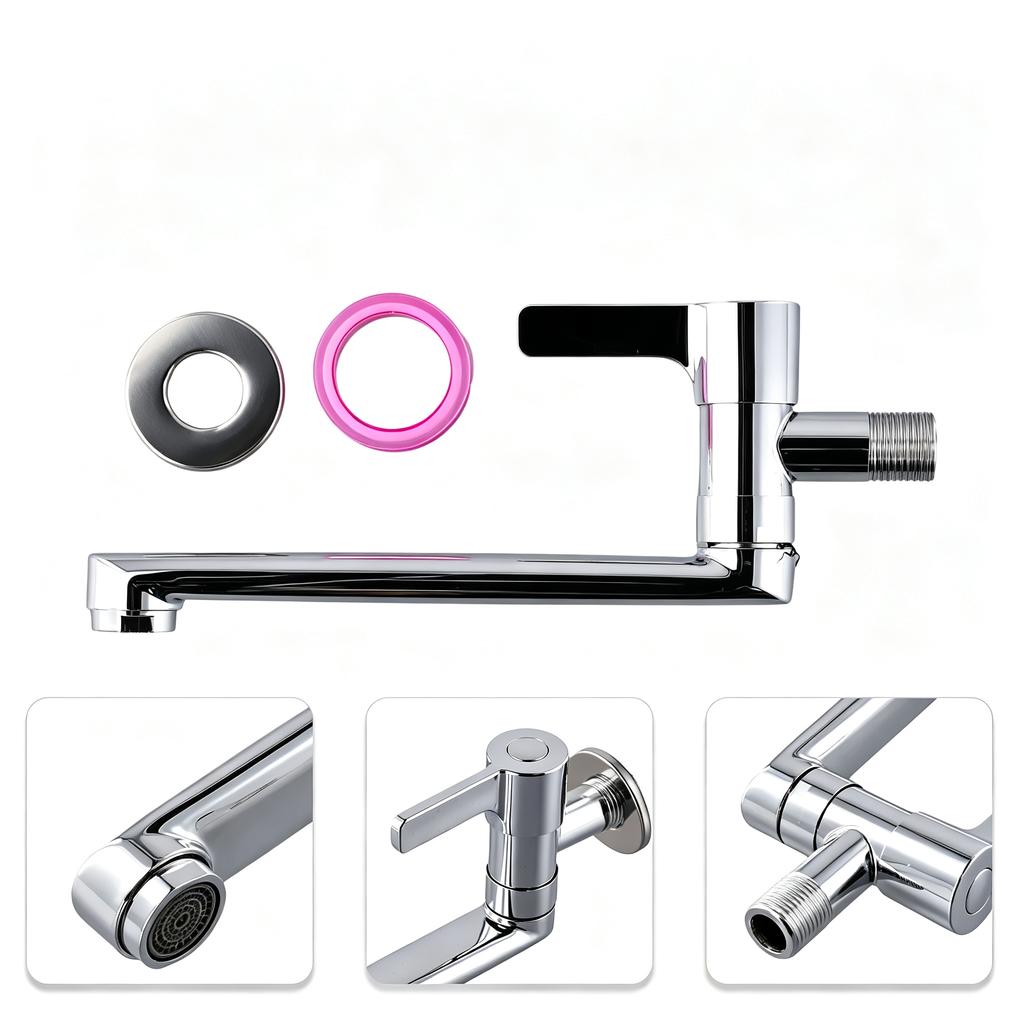 Wall Mounted Single Cold Water Faucet Chrome Brass Long Spout Tap with Single Lever Handle G1/2' Inlet for Kitchen Wash Basin