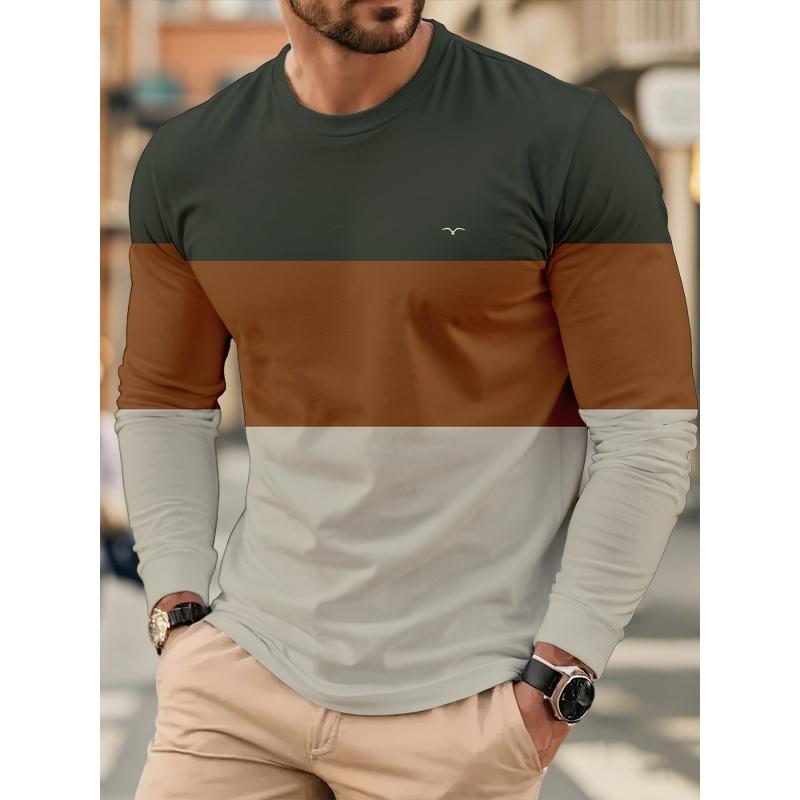 3D Color Block & Geometric Pattern Printed Short Sleeved Men's T-shirts - Soft Medium Stretch Polyester Fabric Spring and Autumn Relaxed Fit Clothing
