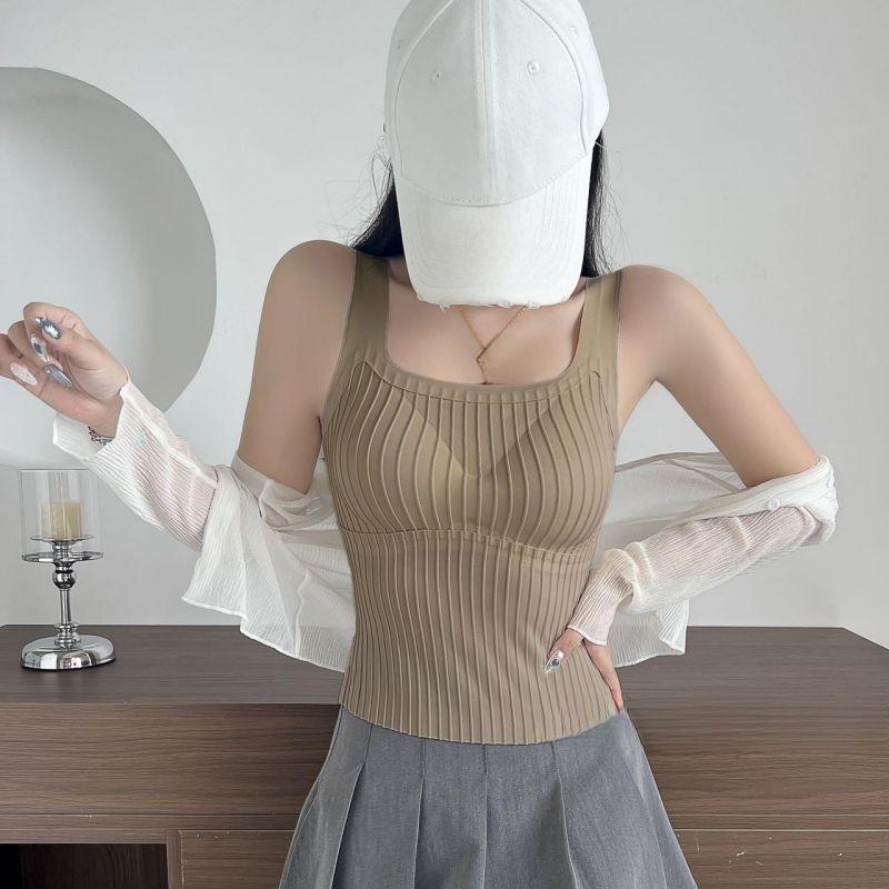 

Модный полосатый жилет с квадратным вырезом для женщин с подушкой на груди, летний облегающий топ без рукавов с подтяжками для верхней одежды, минималистичный дизайн one size