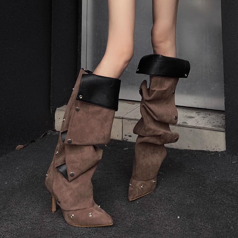 Fashion Sexy Pointed Toe High Heel Denim Y2K Long Boots Women 2025 Winter Punk Black Knee High Boots Metal Decoration Designer Shoes