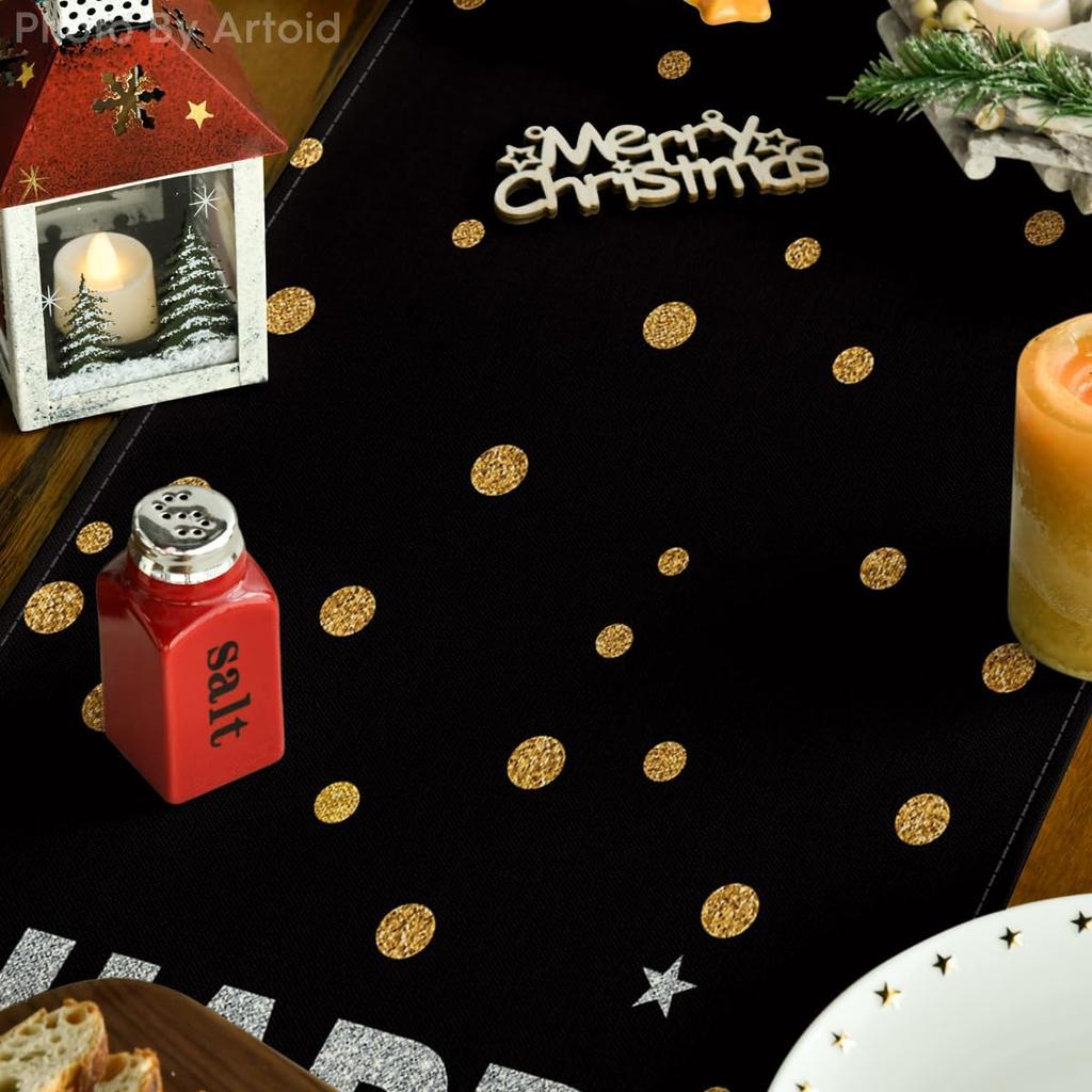 Artoid Mode Cheers Black and Gold 2025 Happy New Year Table Runner, Xmas Winter Holiday Kitchen Dining Table Decoration for Indoor Outdoor Home Party