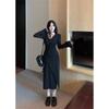 French Sexy Spicy V-neck Apricot Long-sleeve Dress for Women, New Autumn and Winter Slimming A-line Long Skirt, Trendy