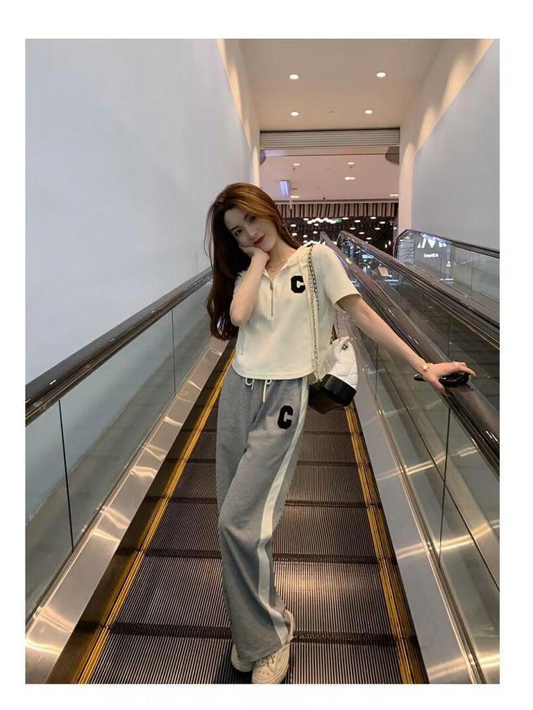 2025 Korean Style Women's Hooded T-Shirt & Wide-Leg Pants Set