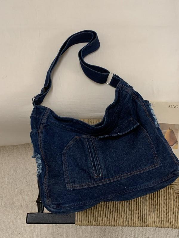Vintage Style Denim Large Tote Bag With Inner Pocket For Work And Weekend Outings