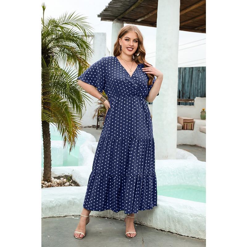 Plus Size Women's Big Size Polka Dot Casual v-Neck Elegant Hem Midi Dresses