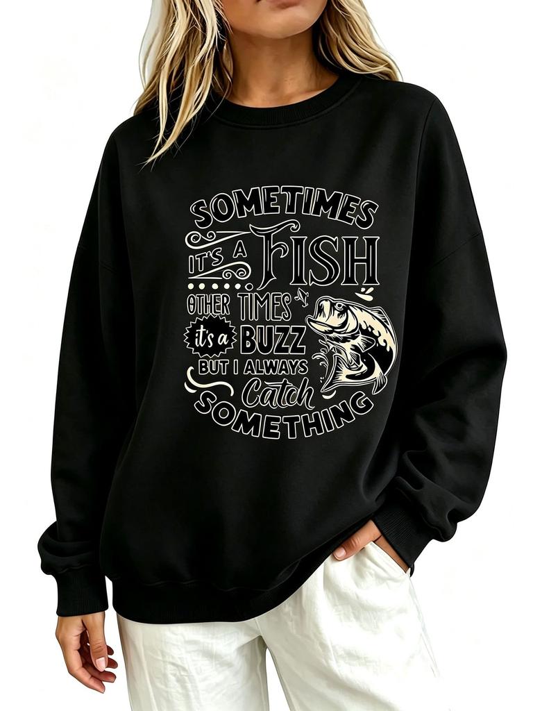 Fishing lovers theme women's sweater fun slogan fish pattern printing loose long-sleeved women's clothing