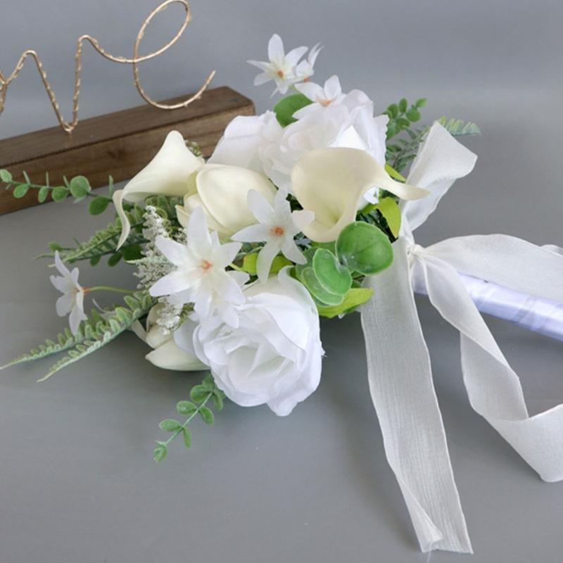 White Bridal Bouquets Wedding Bouquets with Ribbon for Bridal, Bridesmaids, Anniversary, Wedding Party Decorations