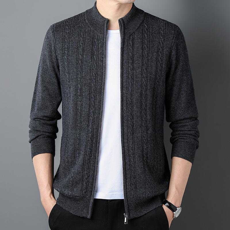 100 Pure Wool Cardigan Men's Half Turtleneck Top Middle-aged Spring and Autumn Full Wool Knitted Jacket High-end Sense