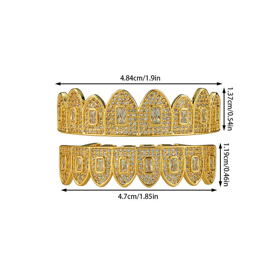 Europäische & Amerikanische Hip Hop Reißzahn-Zahnspangen mit Diamant-Inlay, Gemischtes Oberflächen-Design, Kupfer & Zirkon.
