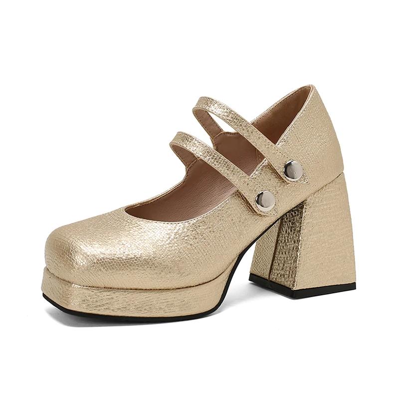 Plus Size Double Row Metal Buttons Ultra-High Thick Heels Korean Style High Heels Square Toe Platform Breathable Hollow Pumps